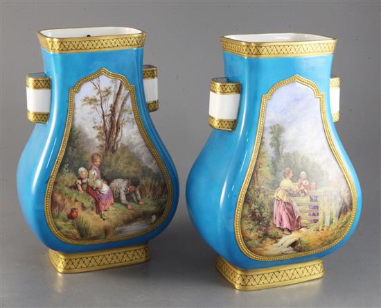 A pair of Minton porcelain flattened baluster vases, c.1880, height 10in.
